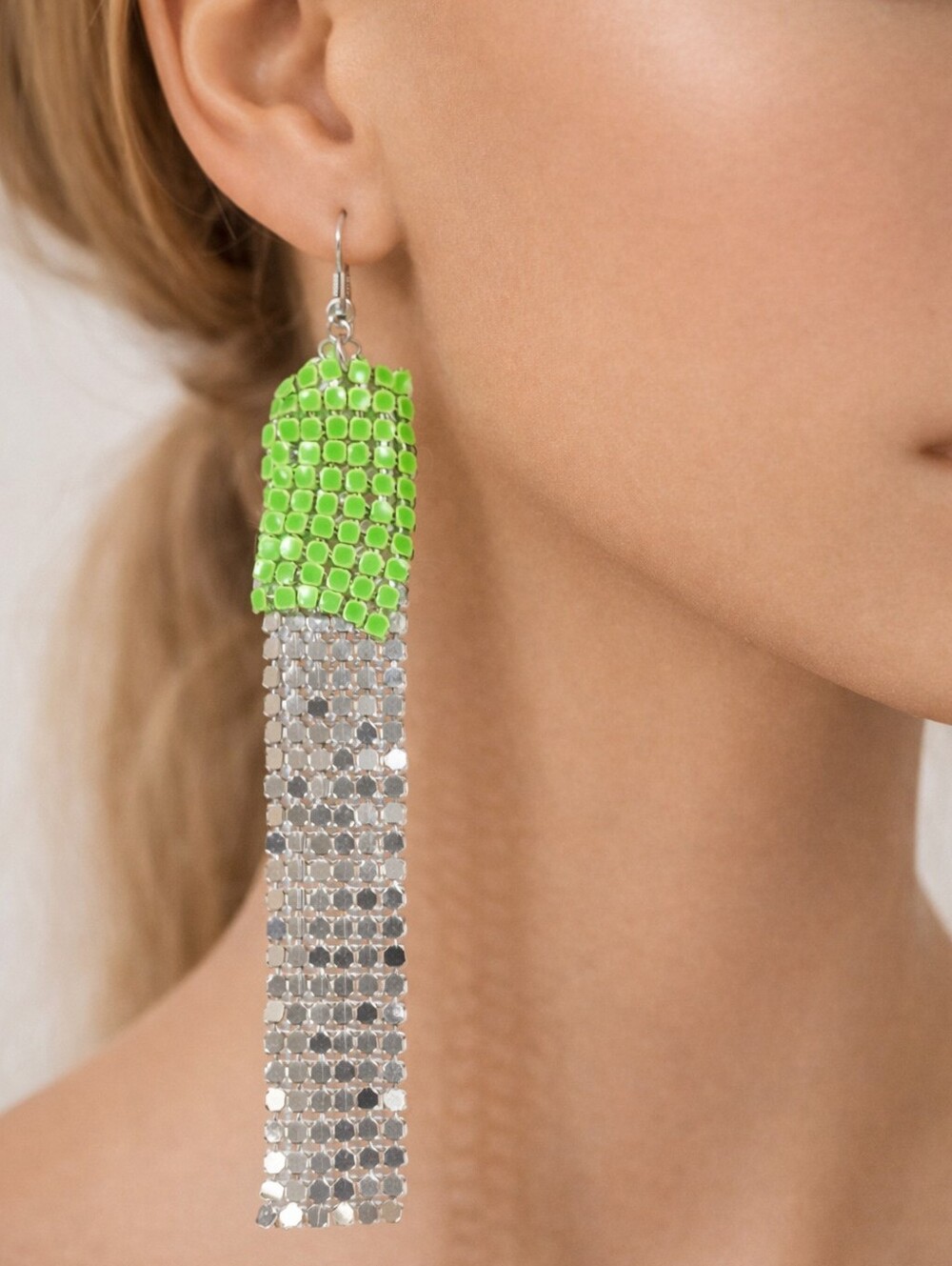 Neon Green and Silver Chain Fringe Earrings – Bold Women’s Fashion Jewelry